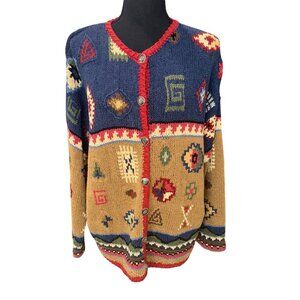 VTG Robert Scott Hand-Knitted Southwest Cardigan Sweater M Multicolor Silk/Linen